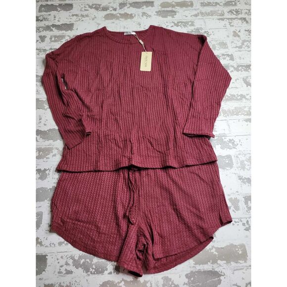 3603 NWT Ekouaer Women's Waffle Knit Lounge Pajama Set Red‎ Large - Picture 2 of 9